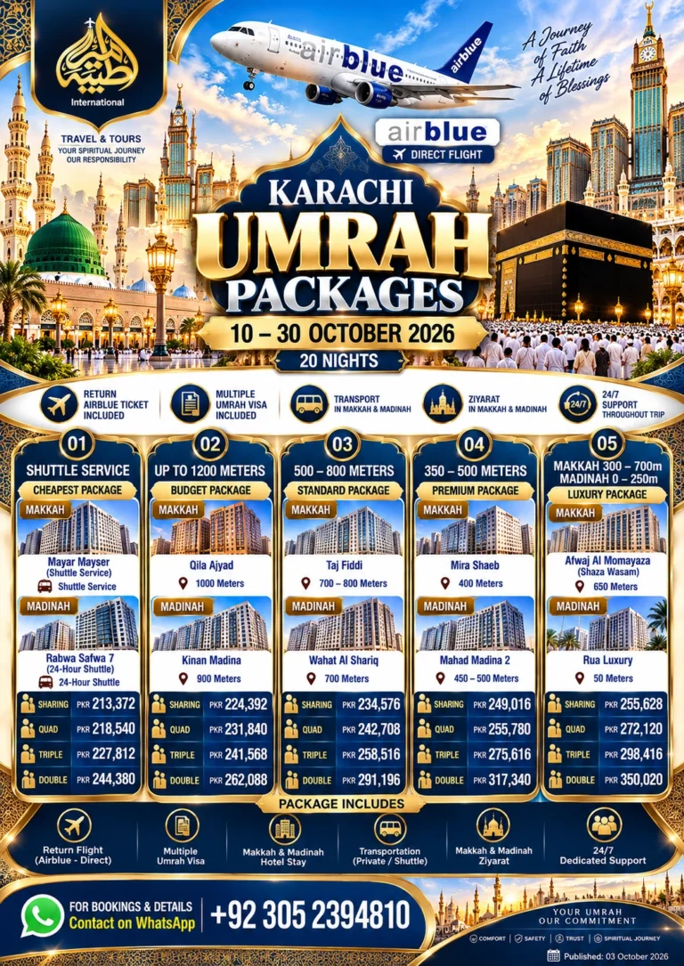Karachi Umrah Package Air Blue 10 Oct to 30 Oct 2026